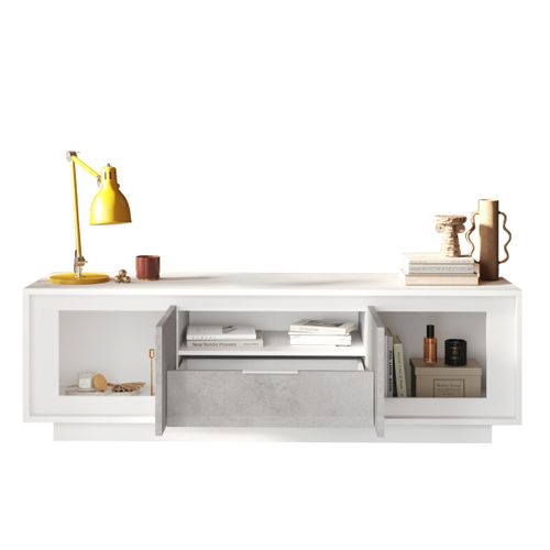 Banc TV Moderne 180cm Blanc Et Gris Béton Yori
