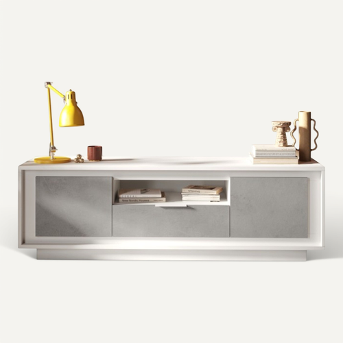 Banc TV Moderne 180cm Blanc Et Gris Béton Yori