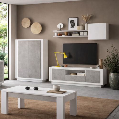 Banc TV Moderne 180cm Blanc Et Gris Béton Yori