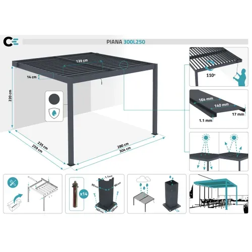 Pergola Bioclimatique Adossée 3x2,5m Piana Aluminium Gris Anthracite - Lames Orientables