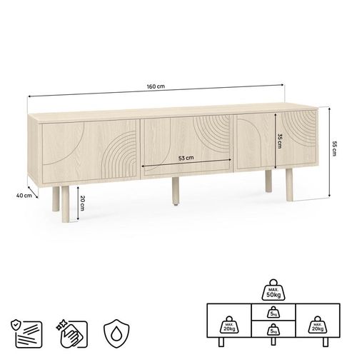 Meuble TV Scandinave 160cm 3 Portes Finition Chêne Saskia
