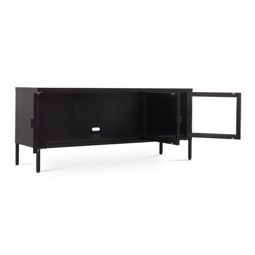 Meuble TV Industriel Métal 130cm 3 Portes, Noir Et Verre Trempé Ezra