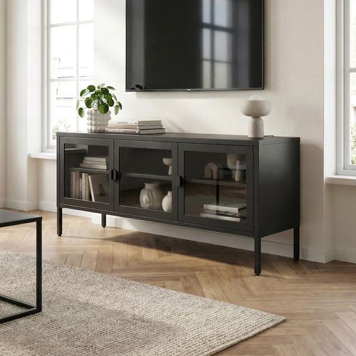Meuble TV Industriel Métal 130cm 3 Portes, Noir Et Verre Trempé Ezra