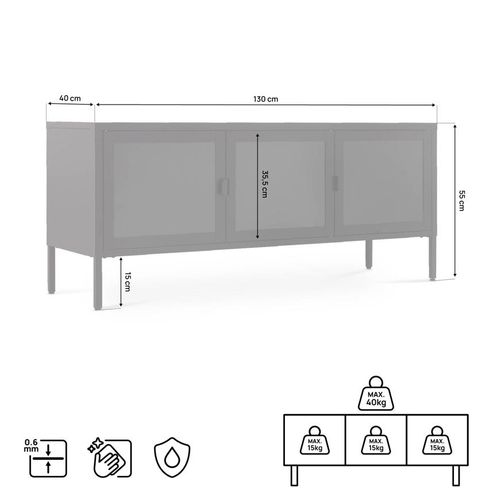 Meuble TV Industriel Métal 130cm 3 Portes, Noir Et Verre Trempé Ezra