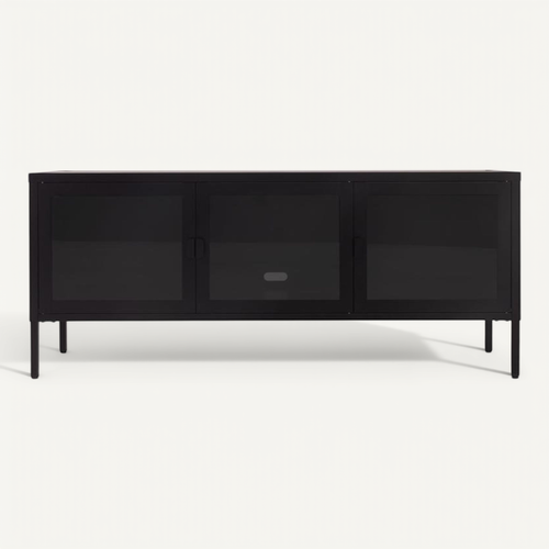 Meuble TV Industriel Métal 130cm 3 Portes, Noir Et Verre Trempé Ezra