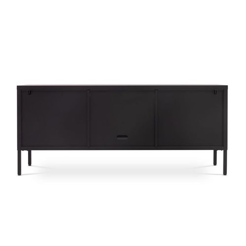 Meuble TV Industriel Métal 130cm 3 Portes, Noir Et Verre Trempé Ezra