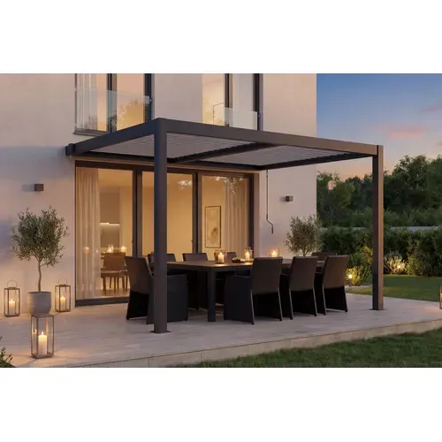 Pergola Bioclimatique 4x3m Adossée Agosta Hauteur 250cm - Aluminium Gris Lames Blanches