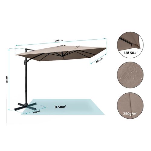 Parasol Déporté 3x3m Taupe En Aluminium Navagio - Rotatif 360° Inclinable + Dalles De Lestage