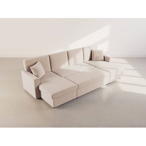 Canapé Panoramique Convertible 7 Places Meiya En Velours Côtelé Beige