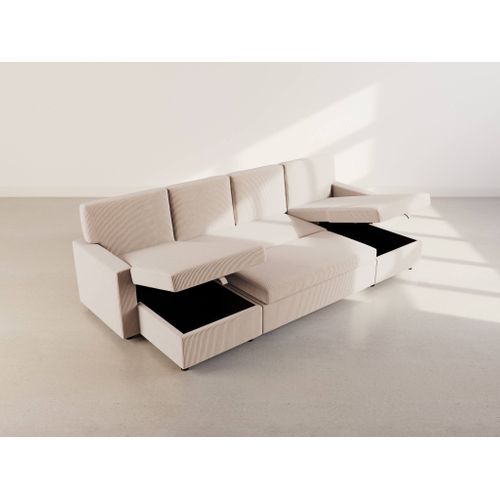 Canapé Panoramique Convertible 7 Places Meiya En Velours Côtelé Beige
