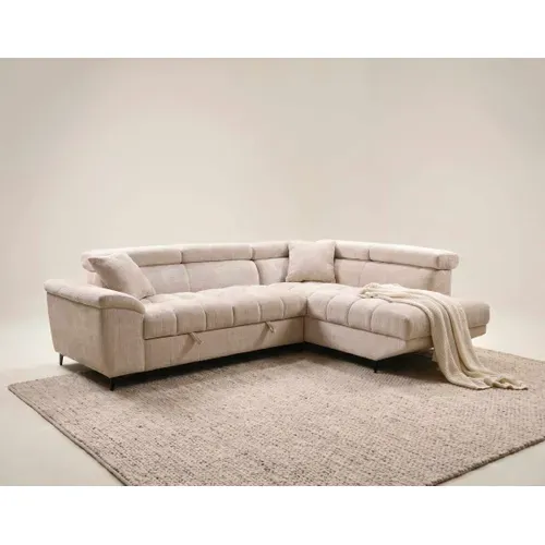 Canapé D'angle Droit 5 Places Convertible Avec Têtières Et Coffre En Velours Texturé Camille