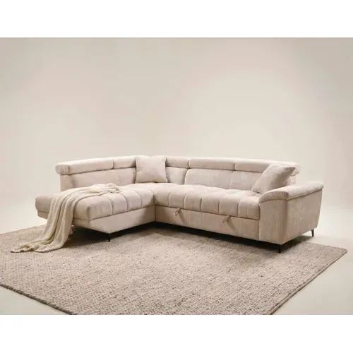 Canapé D'angle Gauche 5 Places Convertible Avec Têtières Et Coffre En Velours Texturé   Camille