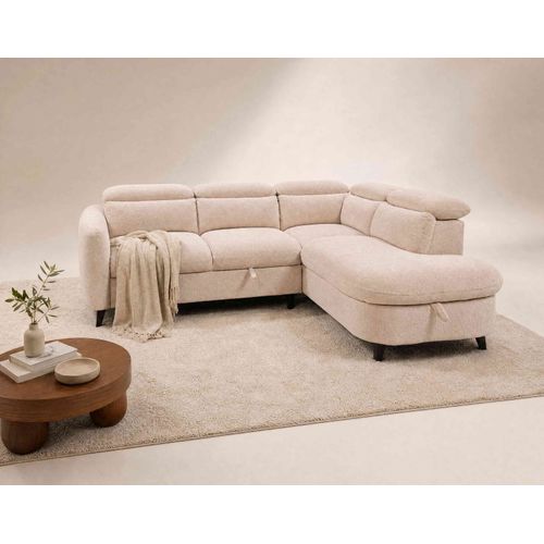 Canapé Angle Droit Convertible 5 Places Opaline En Tissu Texturé Beige