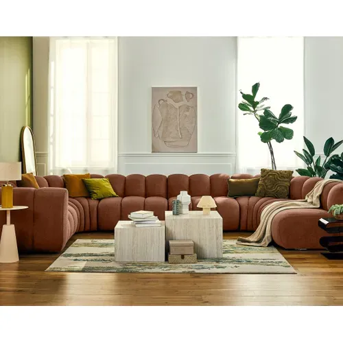 Debbie - Canapé Modulable Panoramique D'angle Droit 7 Places En Tissu Texturé Terracotta