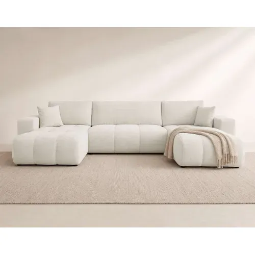 Nicole - Canapé Panoramique 7 Places Convertible Avec Coffre En Tissu Beige