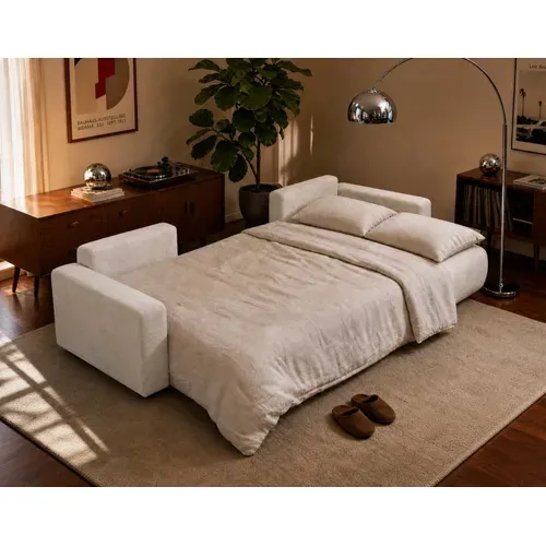 Nicole - Canapé Panoramique 7 Places Convertible Avec Coffre En Tissu Beige