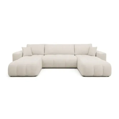 Nicole - Canapé Panoramique 7 Places Convertible Avec Coffre En Tissu Beige