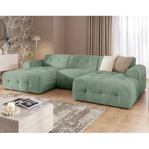 Diane - Canapé Panoramique En U 6 Places En Velours Texturé - Vert Sauge