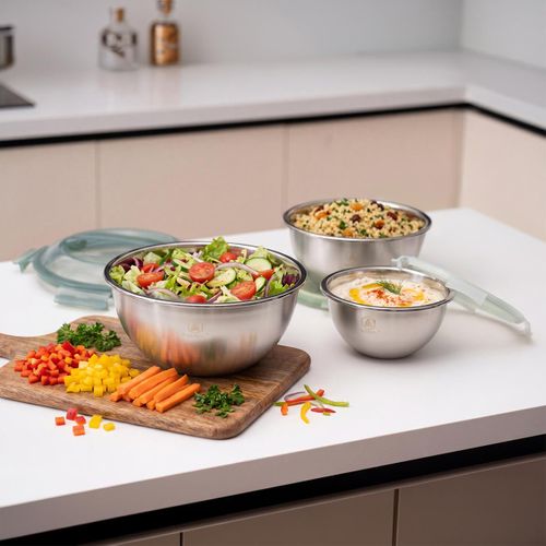 Set De 3 Bols Inox Avec Couvercles Hermétiques - "pique-nique"