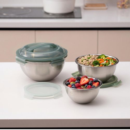 Set De 3 Bols Inox Avec Couvercles Hermétiques - "pique-nique"
