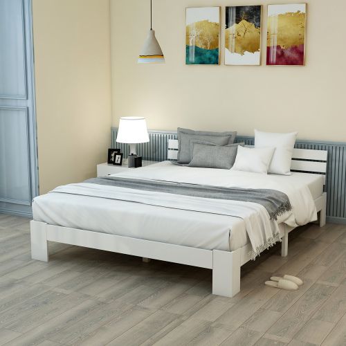 Lit Double En Bois Massif De Pin Fsc Avec Tête De Lit Et Sommier à Lattes 200x140, Blanc