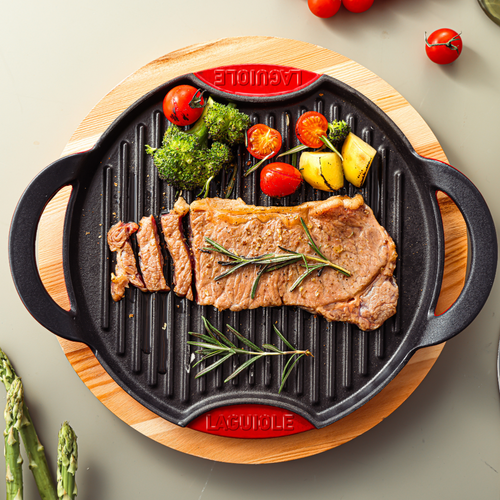 Grill Rond En Fonte Rouge 28cm Avec Support En Bois