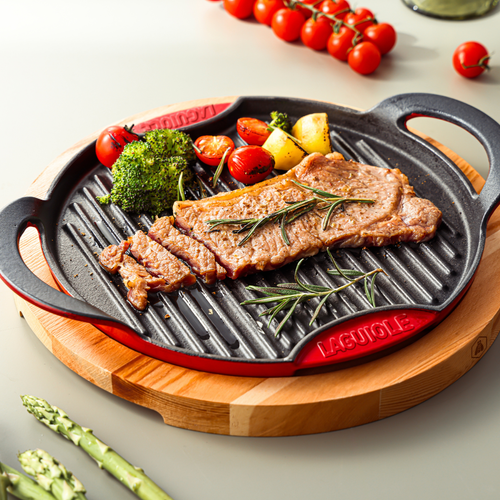 Grill Rond En Fonte Rouge 28cm Avec Support En Bois
