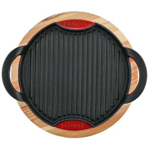 Grill Rond En Fonte Rouge 28cm Avec Support En Bois