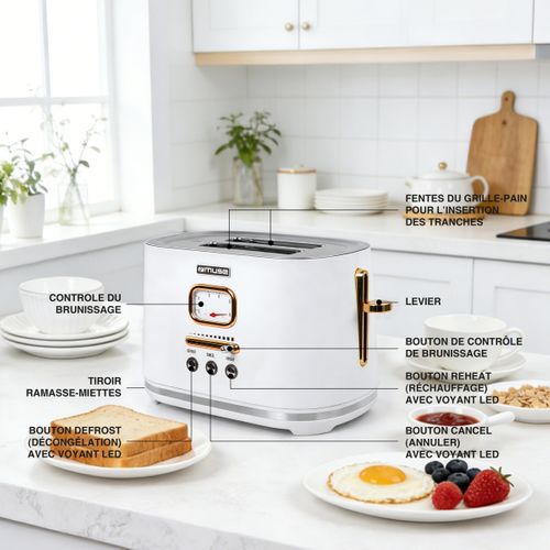 Grille pain - 2 tranches - MUSE MS-130 W Blanc et cuivre