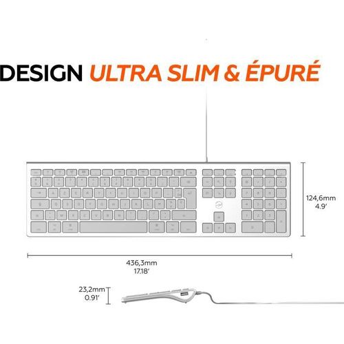 Ml304304 – Clavier Design Touch Filaire Avec 2 USB Pour Mac – Azerty – Blanc Et Argenté