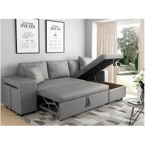 Canapé D’angle Oslo Convertible Avec Coffre Et Poufs Gauche – Tissu Gris Clair