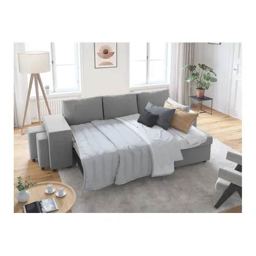 Canapé D’angle Oslo Convertible Avec Coffre Et Poufs Gauche – Tissu Gris Clair