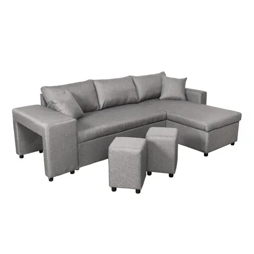 Canapé D’angle Oslo Convertible Avec Coffre Et Poufs Gauche – Tissu Gris Clair
