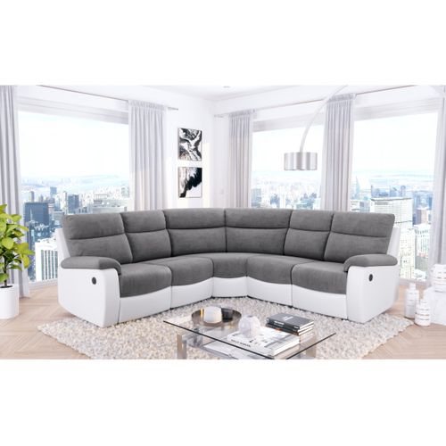 Canapé De Relaxation Électrique Panoramique Oscar 6 Places En Microfibre Et Simili - Gris / Blanc