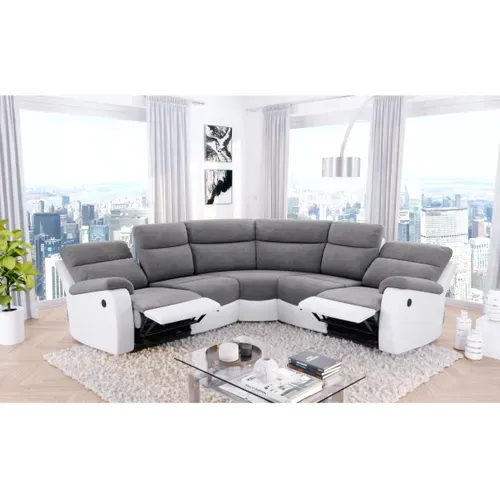 Canapé De Relaxation Électrique Panoramique Oscar 6 Places En Microfibre Et Simili - Gris / Blanc