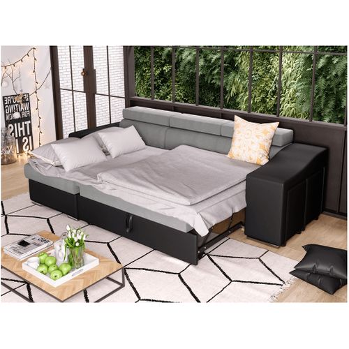 Canapé D'angle Elona Convertible Bi-matière Gris/noir Avec Poufs De Rangement À Droite