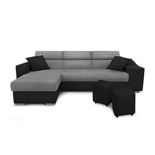 Canapé D'angle Elona Convertible Bi-matière Gris/noir Avec Poufs De Rangement À Droite
