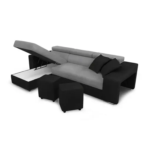 Canapé D'angle Elona Convertible Bi-matière Gris/noir Avec Poufs De Rangement À Droite