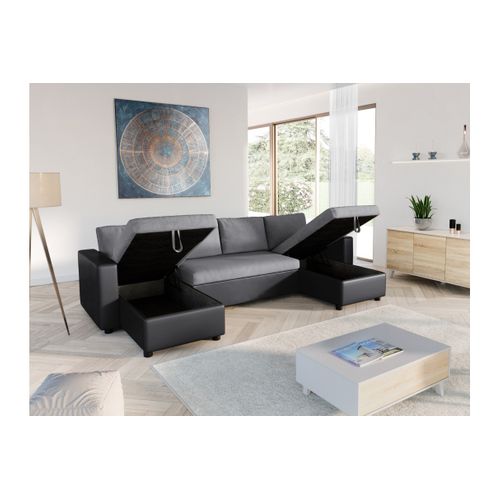 Canapé Panoramique Convertible Avec 2 Coffres En Microfibre Et Simili