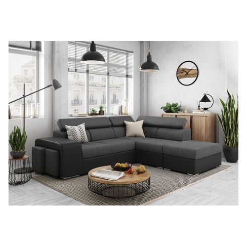 Canapé D'angle Soan Convertible En Simili Et Tissu - Gris / Noir - Angle Droit