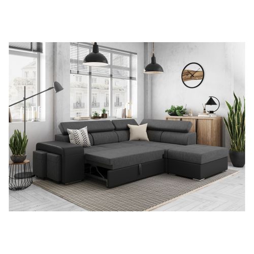 Canapé D'angle Soan Convertible En Simili Et Tissu - Gris / Noir - Angle Droit