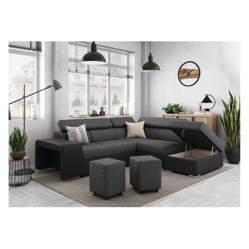 Canapé D'angle Soan Convertible En Simili Et Tissu - Gris / Noir - Angle Droit
