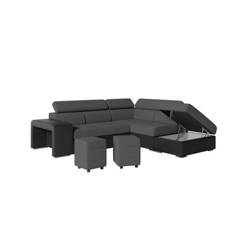 Canapé D'angle Soan Convertible En Simili Et Tissu - Gris / Noir - Angle Droit