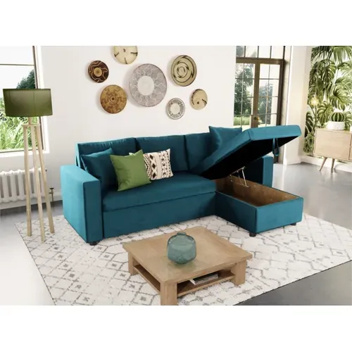 Canapé D'angle Maria Réversible Et Convertible Avec Coffre En Velours -  Bleu