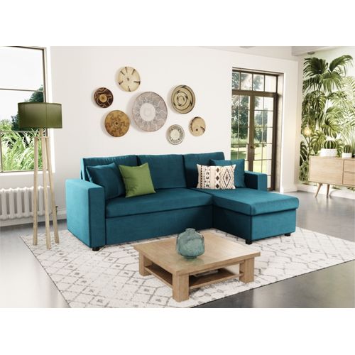 Canapé D'angle Maria Réversible Et Convertible Avec Coffre En Velours -  Bleu