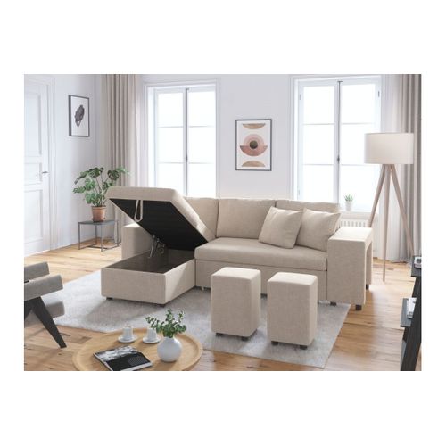 Canapé D’angle Oslo Convertible Avec Coffre Et Poufs Droit En Tissu Beige