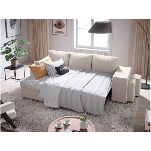 Canapé D’angle Oslo Convertible Avec Coffre Et Poufs Droit En Tissu Beige
