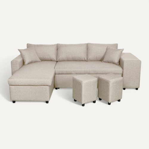 Canapé D’angle Oslo Convertible Avec Coffre Et Poufs Droit En Tissu Beige