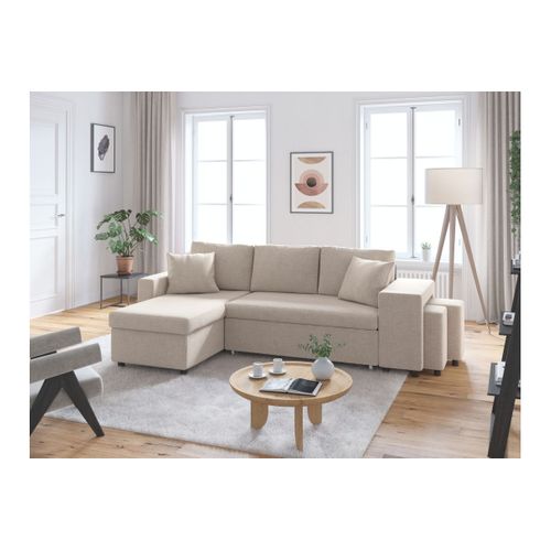 Canapé D’angle Oslo Convertible Avec Coffre Et Poufs Droit En Tissu Beige