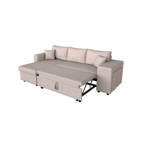 Canapé D’angle Oslo Convertible Avec Coffre Et Poufs Droit En Tissu Beige